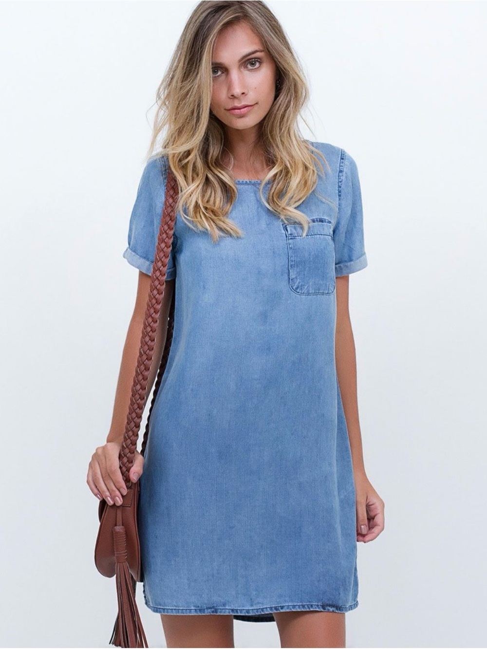 Life in Progress light wash chambray shift dress with a raw frayed hem